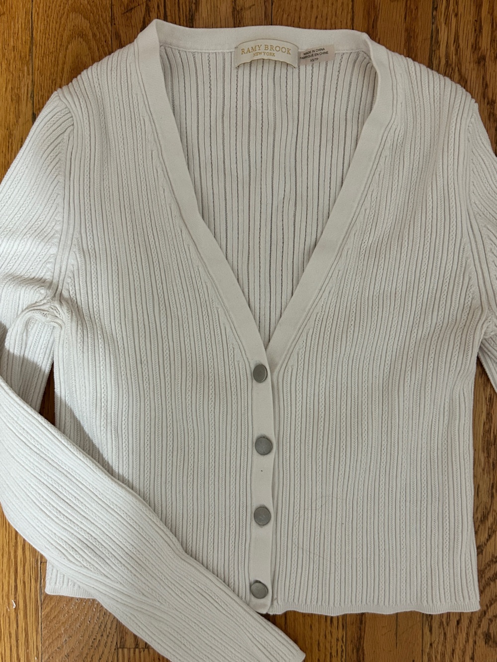 Ramy Brook Cream Ribbed V-Neck Button Cardigan